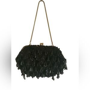 Walbaxg Women’s Black Beaded Evening Purse with Gold Snake Chain Strap handmade